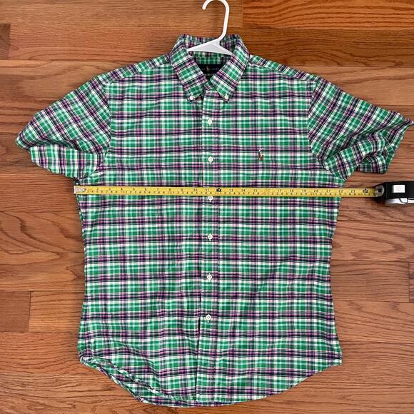 Ralph Lauren Slim Fit Shirt Mens L Green Purple White Plaid Short Sleeve Cotton - Picture 7 of 8